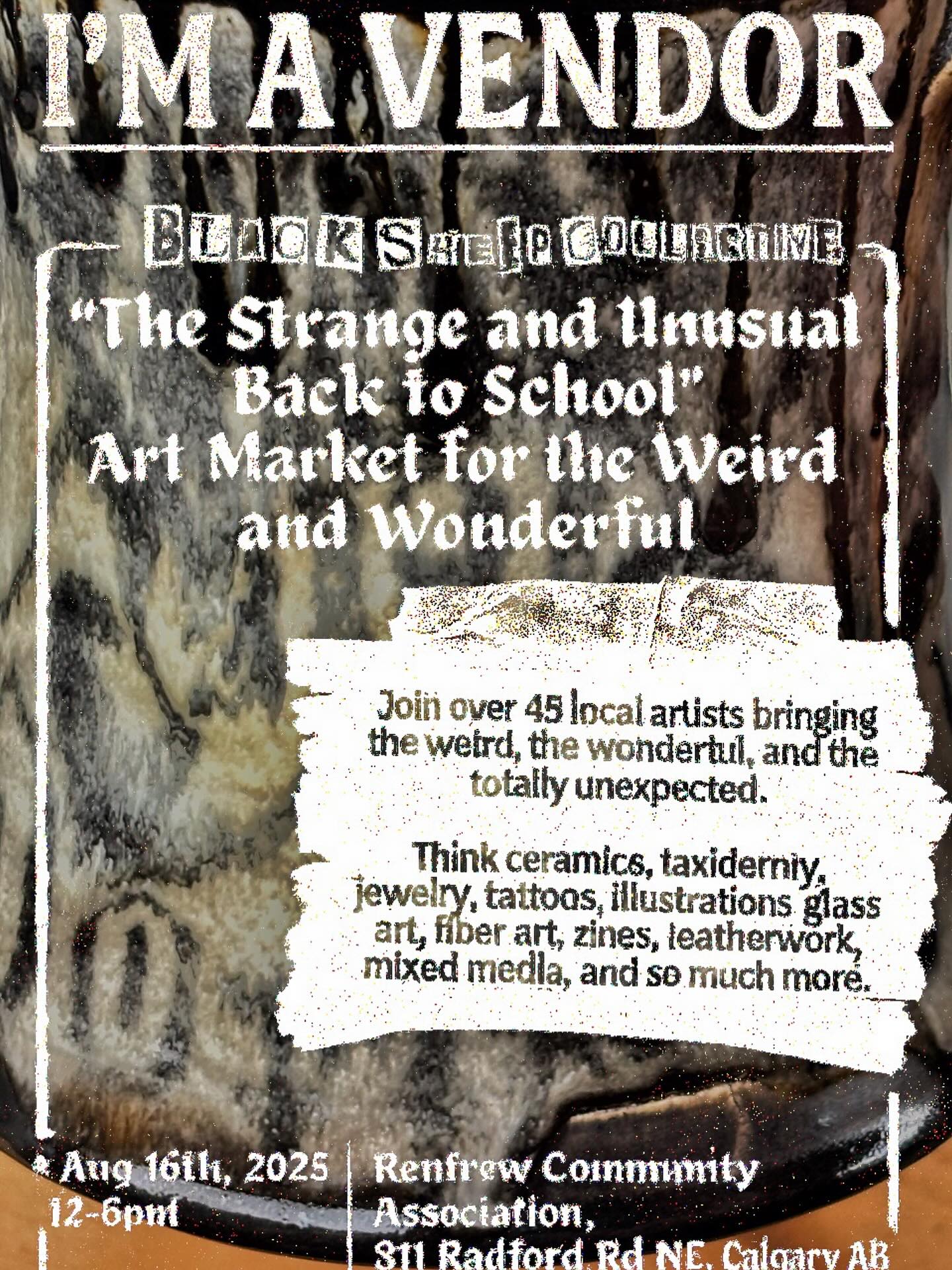 im gonna be at the black sheep collective this saturday. i love this market so much its my favorite one to do. bringing my weird pottery mugs and bowls with my screen printed transfers. come check out all the other artists too theres gonna be over 45 of us
📍 Renfrew Community Association, 811 Radford Rd NE
📅 Saturday Aug 16th
⏰ 12-6pm
#blacksheepcollective #yyc #yycart #calgaryart #yycartist #alternativepottery #handmadepottery #wheelthrown #screenprinted #rawceramics #uniquemugs #oneofakind #weirdandwonderful #calgarymarket #yychandmade #pottersofinstagram #artmarket #supportlocalart #renfrewcommunity #handmadenotmassmade