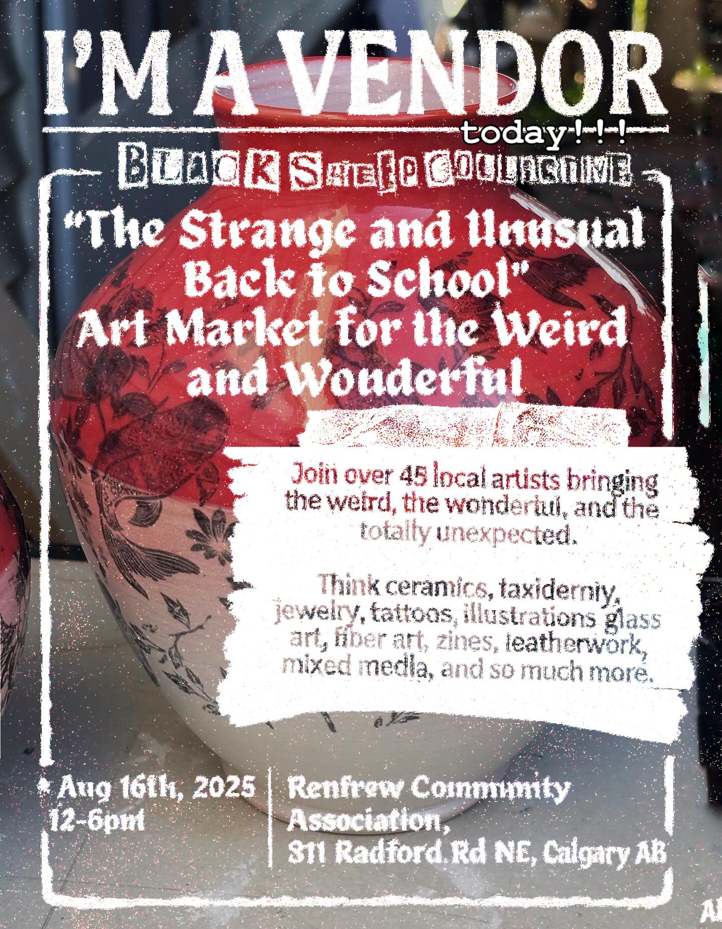 im gonna be at the black sheep collective TODAY!!. i love this market so much its my favorite one to do. bringing my weird pottery mugs and bowls with my screen printed transfers. come check out all the other artists too theres gonna be over 45 of us
📍 Renfrew Community Association, 811 Radford Rd NE
📅 Saturday Aug 16th
⏰ 12-6pm
#blacksheepcollective #yyc #yycart #calgaryart #yycartist #alternativepottery #handmadepottery #wheelthrown #screenprinted #rawceramics #uniquemugs #oneofakind #weirdandwonderful #calgarymarket #yychandmade #pottersofinstagram #artmarket #supportlocalart #renfrewcommunity #handmadenotmassmade