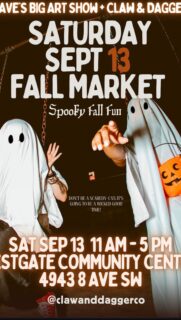 Live right now at Dave’s Big Art Show + Claw & Dagger Market. Calgary’s art scene packed into one place — candles, jewelry, art, pottery, vintage toys, woodwork, large format pieces, and more. If you’re in Calgary today, this is where you need to be. On until 5 — come through.
Event details:
Saturday, September 13
Until 5:00 PM
Westgate Community Centre
4943 8 Ave SW, Calgary
#yyc #yycevents #yycmarkets #yycnow #yyctoday #yyctodo #yycweekend #yycliving #yyclife #yycstyle #yyccommunity #yycsmallbusiness #yyclocal #supportlocalyyc #yycshoplocal #calgaryevents #calgarylife #calgarymarket #calgarylocal #calgarymakers #calgarysmallbusiness #yycart #yycarts #yycmakers #yycvendors #yycshopping #yycdateideas #yycsaturday #yychalloween #davesbigartshow